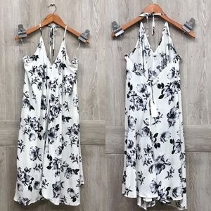 Black White Floral Neck-Tie Dress Midi BB1177